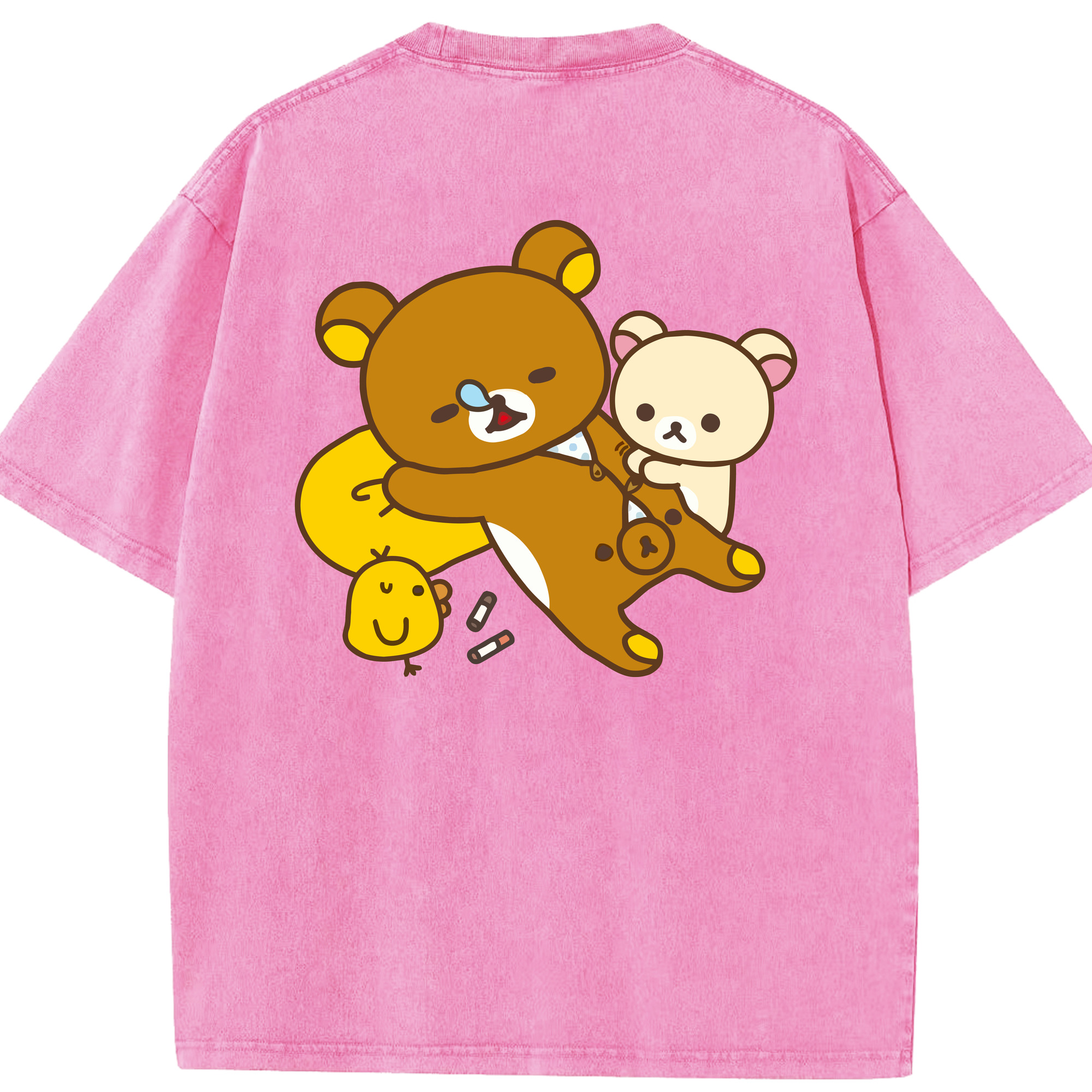 （画像用） リラックマ リラックマ キイロイトリ Rilakkuma Korilakkuma Kiiroitori 綿100% ヴィンテージ風 半袖Tシャツ（背面プリント）